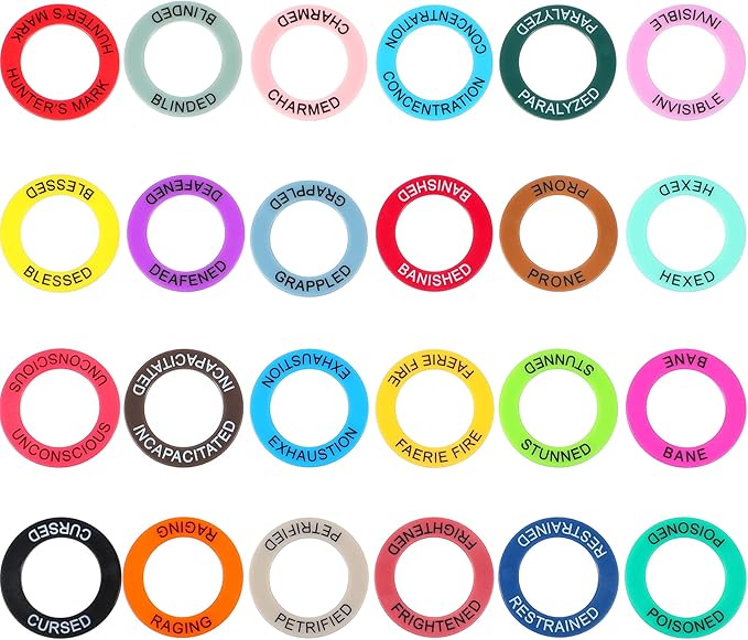 Upgraded ALIZERO DND Miniatures Condition Rings - 96 D&D Status Effect Markers in 24 Frequently Used Conditions - Pathfinder and Dungeons & Dragons Accessories - Premium Storage Box with Foam Padding