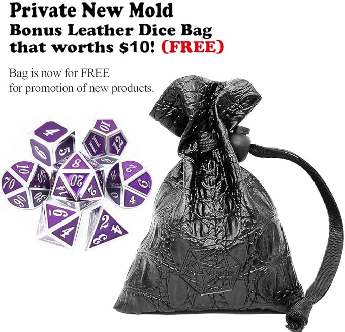 Haxtec Metal DND Dice Purple Silver with PU Leather Dice Bag D&D Dice Set for RPG Compatible with Dungeons and Dragons Gifts TTRPGs-Silver Royal Purple
