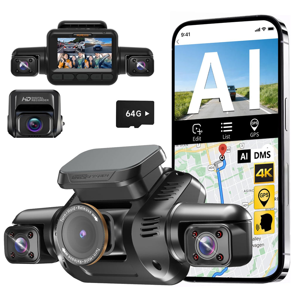 HUPEJOS AI 4K Dash Cam Front and Rear, 4 Channel 360° View Camera for Car