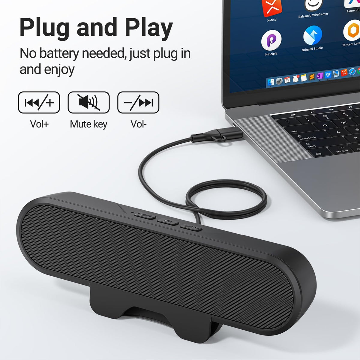 INGA Computer Speakers for Desktop PC, USB Monitor Speaker Bar with Clip-On, Wired Desk Speakers with HD Stereo Loud Sound, Laptop Speaker Mini Sound Bar, Easily Clamps to Monitor