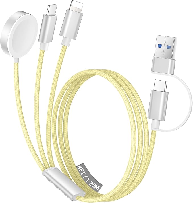 Temdan for Travel Vacation Essentials,3 in 2 USB C Cable for Apple Watch Charger/iPhone 16 Charger/Lightning,Multi Charging Cable Cord,Camping Essentials,Designed for iWatch &iPhone 16-12-4FT Yellow