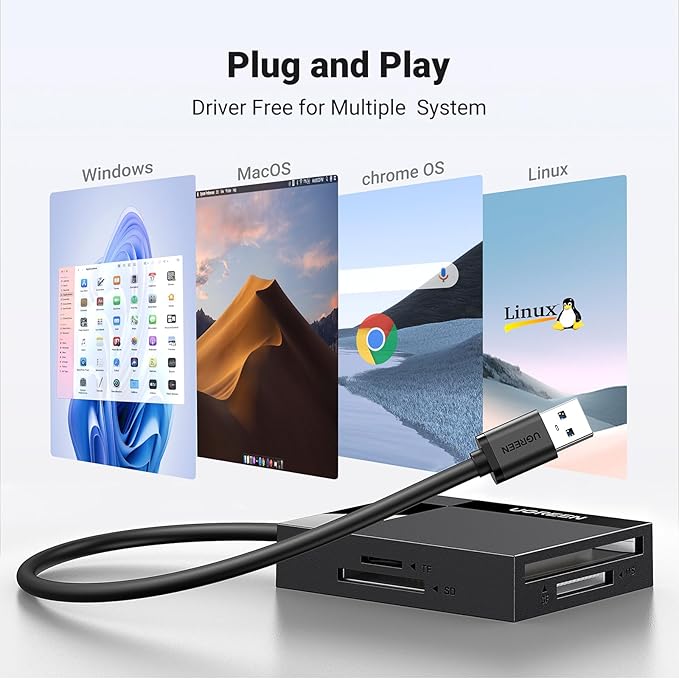 UGREEN SD Card Reader USB 3.0 Card Hub Adapter 5Gbps Read 4 Cards Simultaneously CF, CFI, TF, SDXC, SDHC, SD, MMC, Micro SDXC, Micro SD, Micro SDHC, MS, UHS-I (Black)