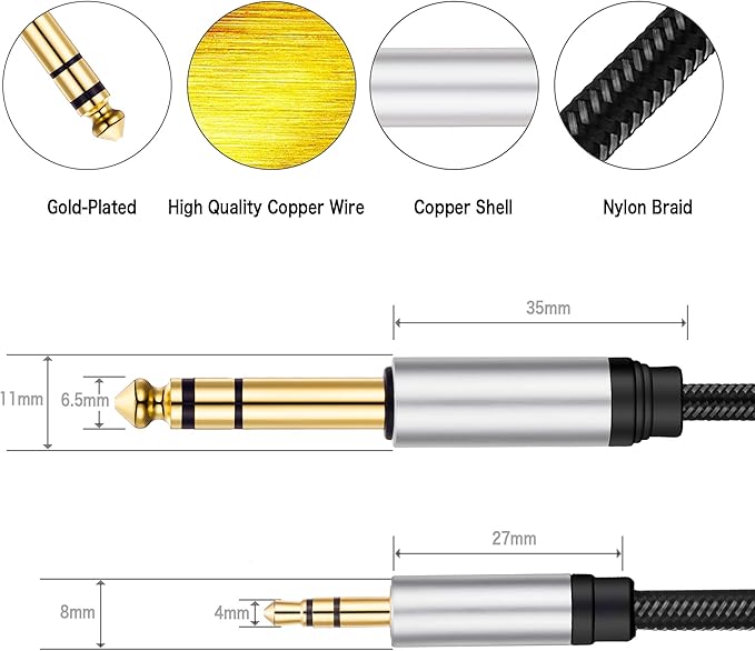 3.5 mm to 6.35 mm Audio Cable 6Ft, Gold-Plated Terminal Silver Color Zinc Alloy Housing 3.5mm 1/8" Male TRS to 6.35mm 1/4" Male TRS Nylon Braided Stereo Audio Cable for Cellphone,Amplifiers(6Ft/2M)