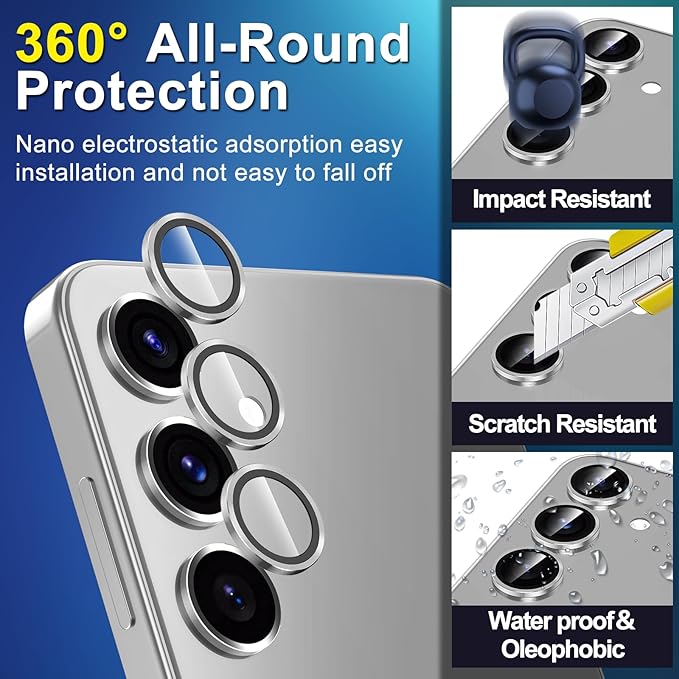 for Samsung Galaxy S24 FE Camera Lens Protector, Individual Metal Ring Tempered Glass Lens Cover, [Strong Adsorption] Scratch Resistant Ultra-Thin HD Clear Lens Cover, 1 Set-Silvery