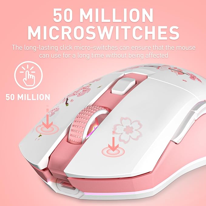 DAREU Sakura Pink Wireless Gaming Mouse with Charging Dock Rechargeable RGB,12K DPI,6 Programmable Buttons High-Precision Sensor [300IPS] [1000Hz] for PC Notebook Mac