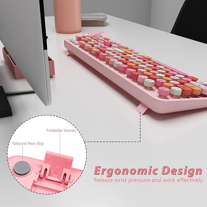 Cute Pink Wireless Keyboard and Mouse, 2.4G Retro Round Keycap for PC, Mac, Laptop, Tablet, Computer Windows