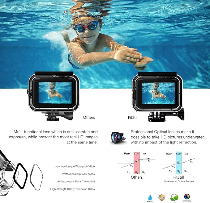 FitStill 148FT/45M Underwater Waterproof Protective Case Shell Compatible for Go Pro Hero 2018/7/6/5 Black, Monopod Floating Hand Grip Selfie Stick for Hero7 Hero6 Hero5 Black Accessories Kit