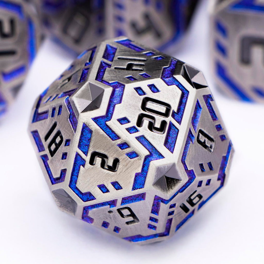 OGCOPHEN Metal DND Sci-fi Dice Set 7PCS Stripe Polyhedral Dice for Dungeons Dragons RPG Role Playing Game, Glitter D and D Dice with Gift Box D6 D8 D10 D12 D20 (Blue Purple&Grey)