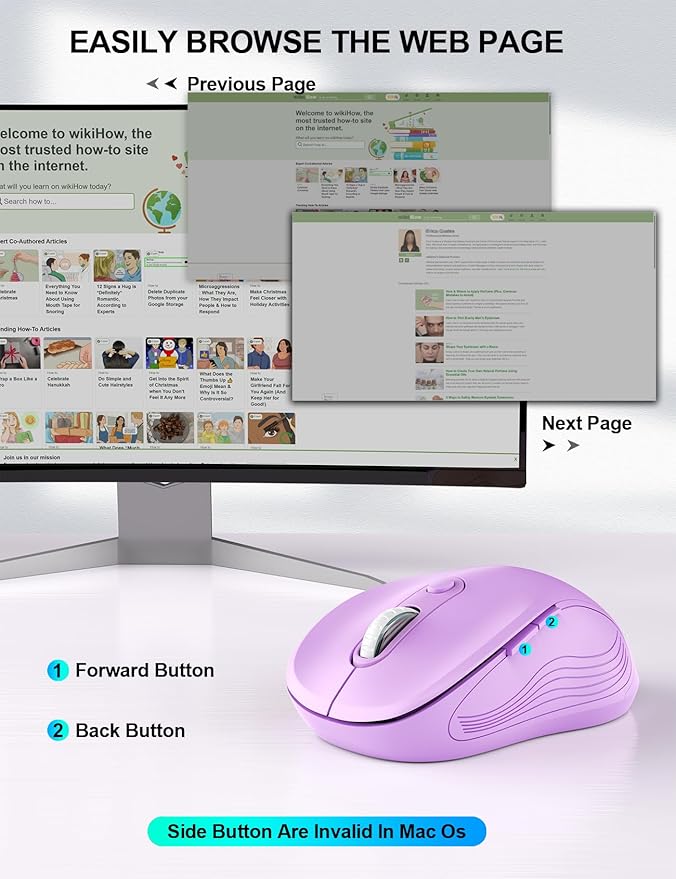 Trueque Wireless Mouse for Laptop, 2.4GHz Ergonomic Computer Mouse with Back & Forward Buttons, 3-Level DPI, 6 Buttons, Optical USB Cordless Mice for Windows Chromebook MacBook PC (Lavender)