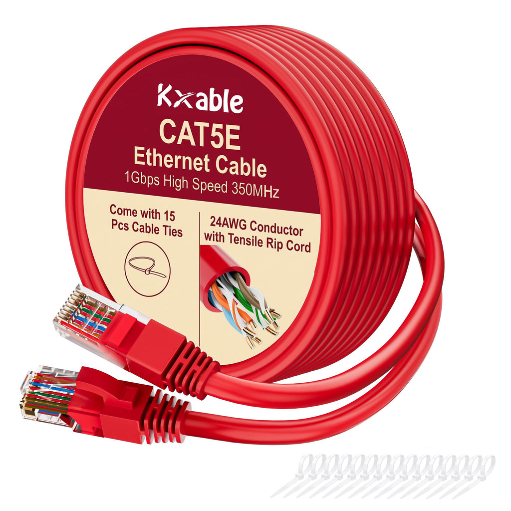 Cat5e Ethernet Cable 50 FT, Long Cat 5e Internet Cable, Yellow Snagless Patch Cord, Flexible, Network, LAN, PoE, Standard RJ45 Connector for PC, Server, Router, Modem, TV, PS5 - with 15 Cable Ties