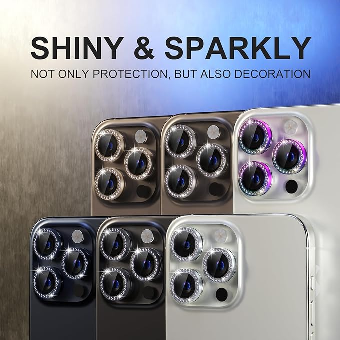 Choiche Compatible for iPhone 15 Pro/iPhone 15 Pro Max Camera Lens Protector Bling, 9H Tempered Glass Camera Cover Screen Protector Metal Ring Decoration Accessories (Diamond-Black)