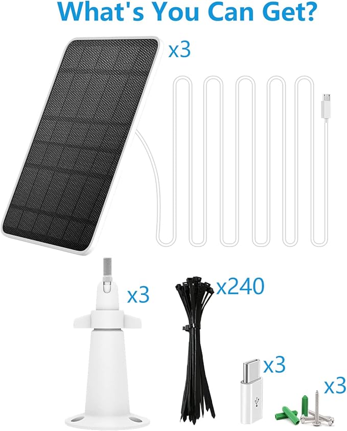 Solar Panel Charger Compatible with Eufycam 3/3C/2C/2C Pro/E40/E20/2/2 Pro/E/L20/L40/Solo/SoloCam Spotlight, 5W Solar Panel for Eufy Camera, Micro USB & USB-C Port, 9.8ft Cable, P65 Waterproof, 3 Pack