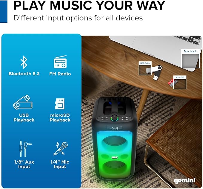 Gemini 200W Portable Bluetooth Party Speaker with Dual 6.5" Woofers, LED Lights, Wireless Mic, 9Hr Battery Play Time, TWS Pairing & USB Playback (GGO-2650L)