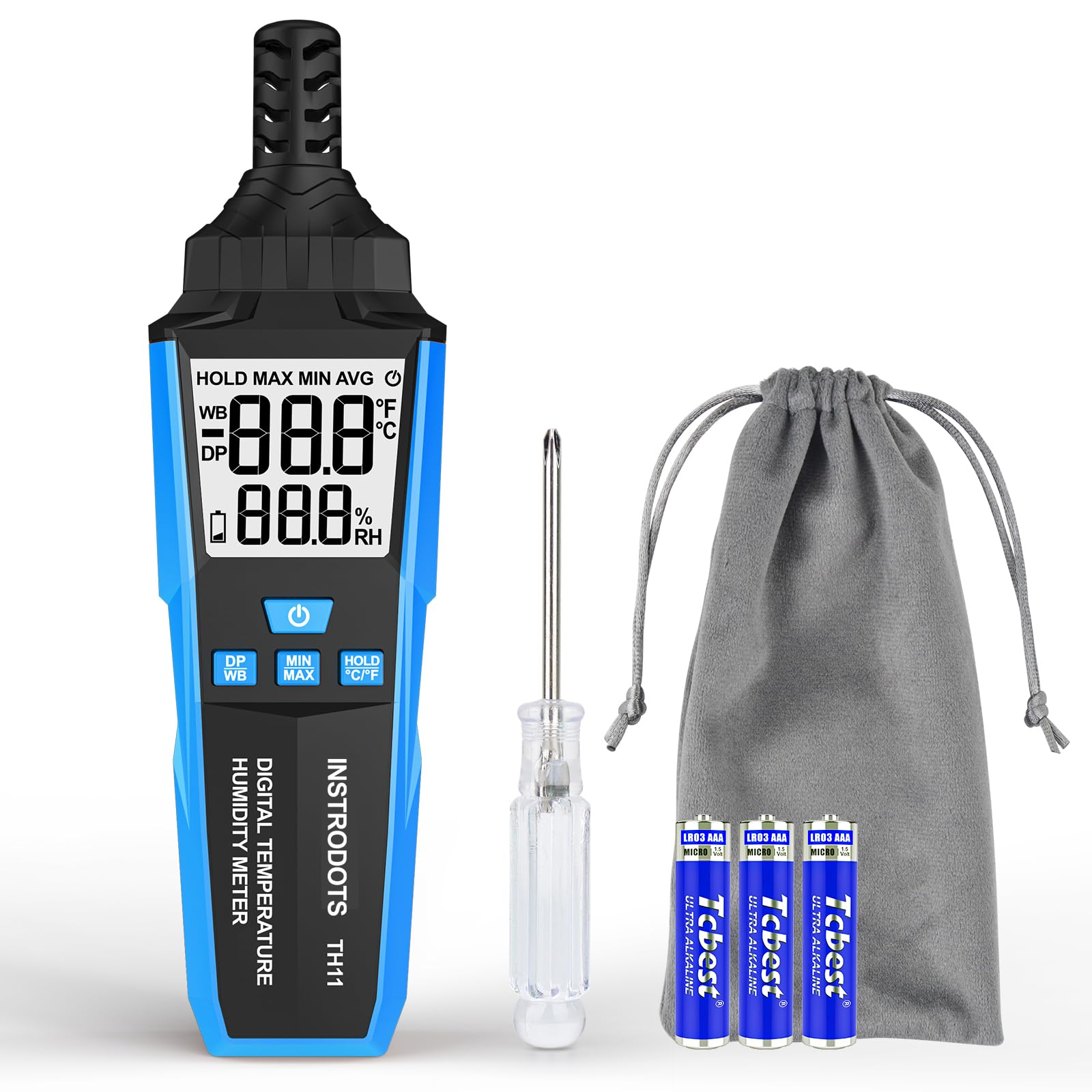 INSTRODOTS Temperature Humidity Meter, High Precision Digital Hygrometer with Ambient, Dew Point, Wet Bulb Temperature for Indoor Outdoor, Thermometer with Min/Max, Data Hold, LCD Backlight, TH11