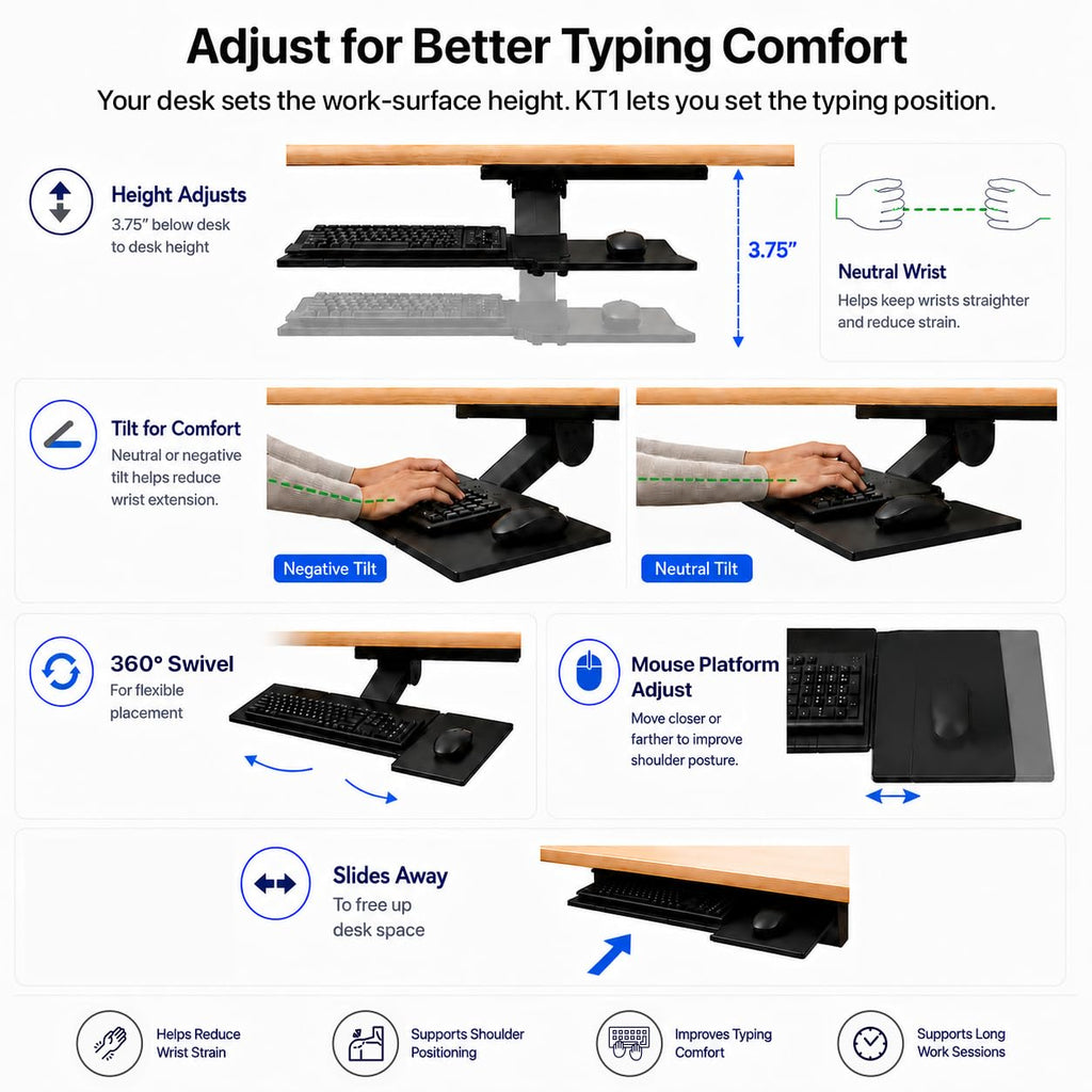 KT1 Ergonomic Keyboard Tray Under Desk, Under Desk Slide Out Tray with Adjustable Height and Tilt, Easy to Slide and Swivel 360 Degree, Keyboard Drawer with Adjustable Mouse Pad