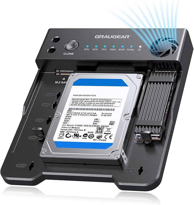 GRAUGEAR SATA SSD/HDD to M.2 NVMe Docking Station, USB-C 10Gbps Clone Station for M.2 NVMe SSD to SATA 2.5”/3.5” SSD & HDD Converter, Offline Cloning, Tool-Free, Built-in Cooling Fan