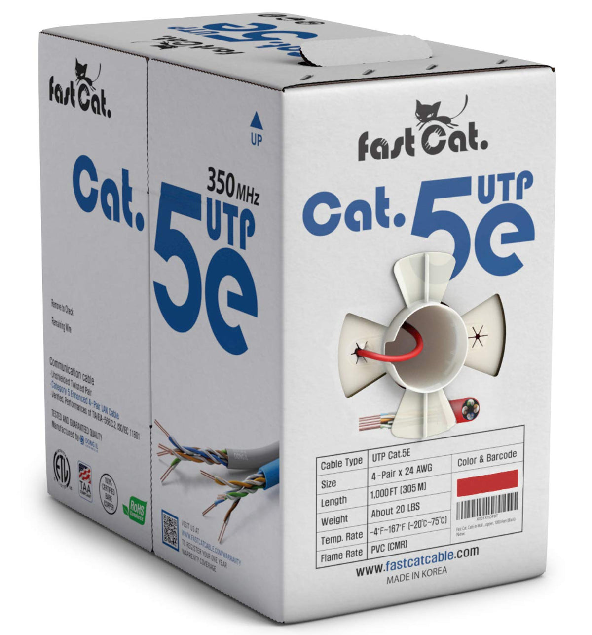 fast Cat. Cat5e Ethernet Cable 1000ft - ETL Listed 24 AWG, CMR, Insulated Bare Copper Wire Cat 5 ethernet Cable with FastReel - 350MHZ / Gigabit Speed UTP Cable Cat5e - CMR (Blue)