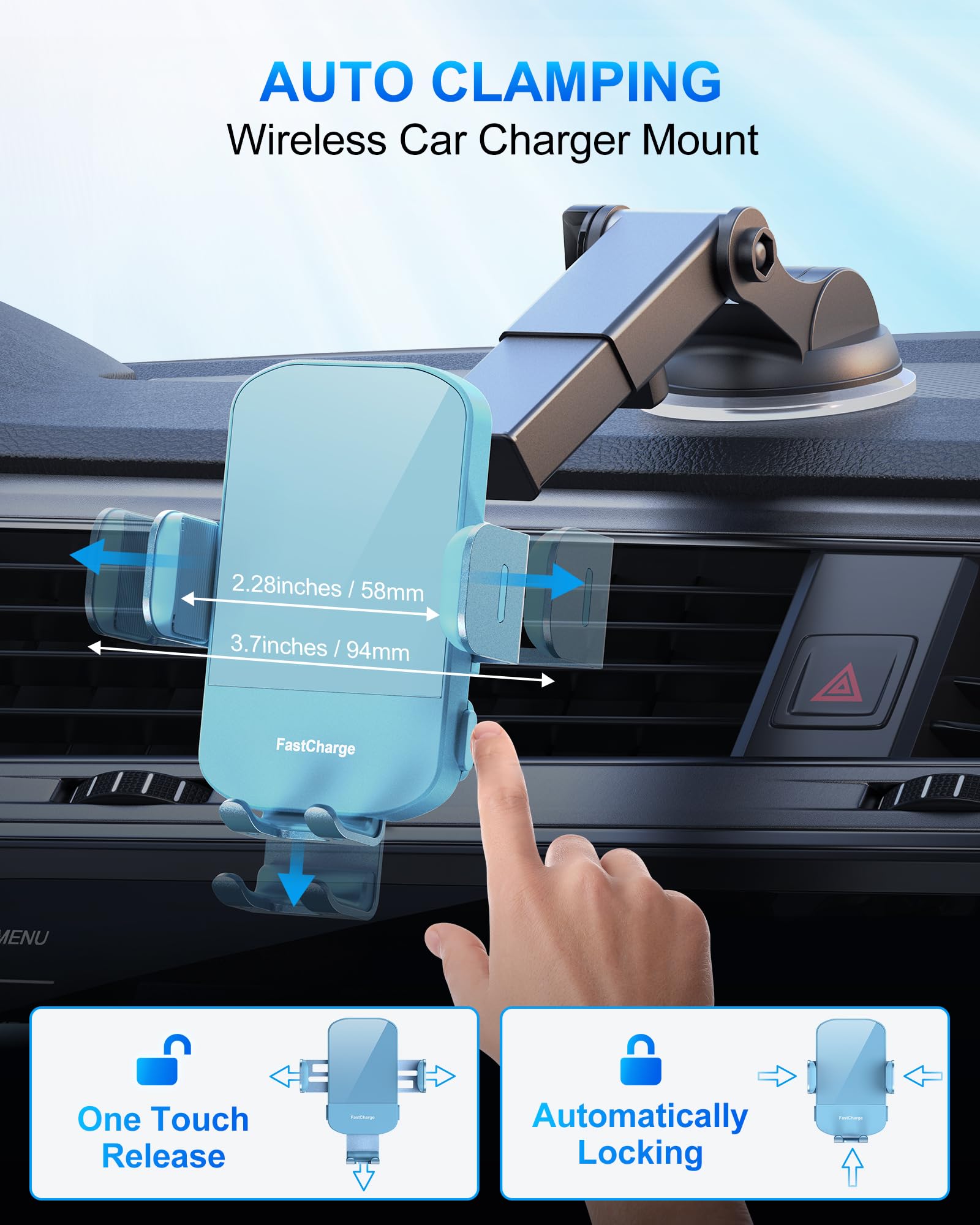 CHGeek Wireless Car Charger, 15W Fast Charging Auto Clamping Car Charger Phone Mount Phone Holder fit for iPhone 15 14 13 12 11 Pro Max Xs, Samsung Galaxy S24 Ultra S23 S22 S21, S20, S10+, Cyan
