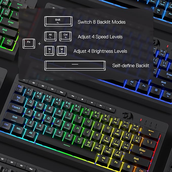 Redragon K522 60% Wired RGB Membrane Gaming Keyboard, Compact 61 Keys Linear Mechanical-Feel Switch Keyboard w/ 4 Extra On-Board Macro Keys & Media Control Keys