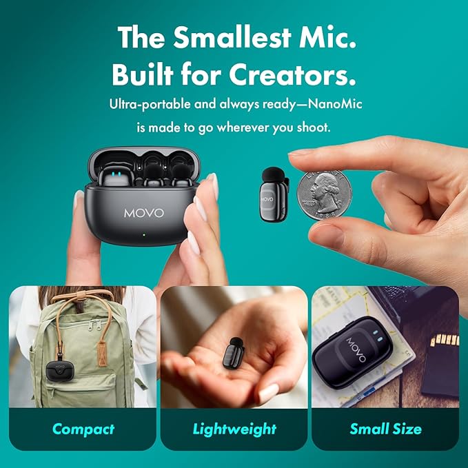 Movo NanoMic Wireless Lavalier Microphone for Camera – Clip-On TRS Wireless Mic System for DSLR, Camcorders, and Mirrorless Cameras – Dual Microphones with Charging Case for Video, Interviews