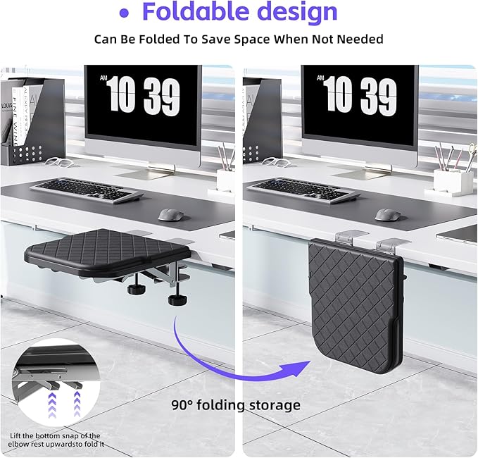 Arm Rest for Desk, 90°Foldable Computer Wrist Rest Shelf with Sponge Padding, Clamp on Arm Support, Ergonomic Sturdy Desk Extender for Office & Home, Durable & Easy to Install (Black)