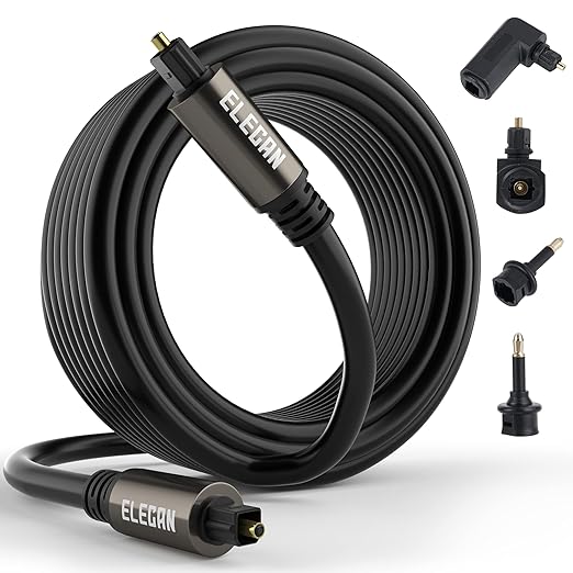 Elecan Optical Audio Cable 20 Ft Digital Audio Toslink Cable Cord-Fiber Optic-Gold Plated-Flexiable&Durable-for Home Theater,Sound Bar,PS4&Xbox-with 4 Right Angled and Mini Toslink Adapters+Ties