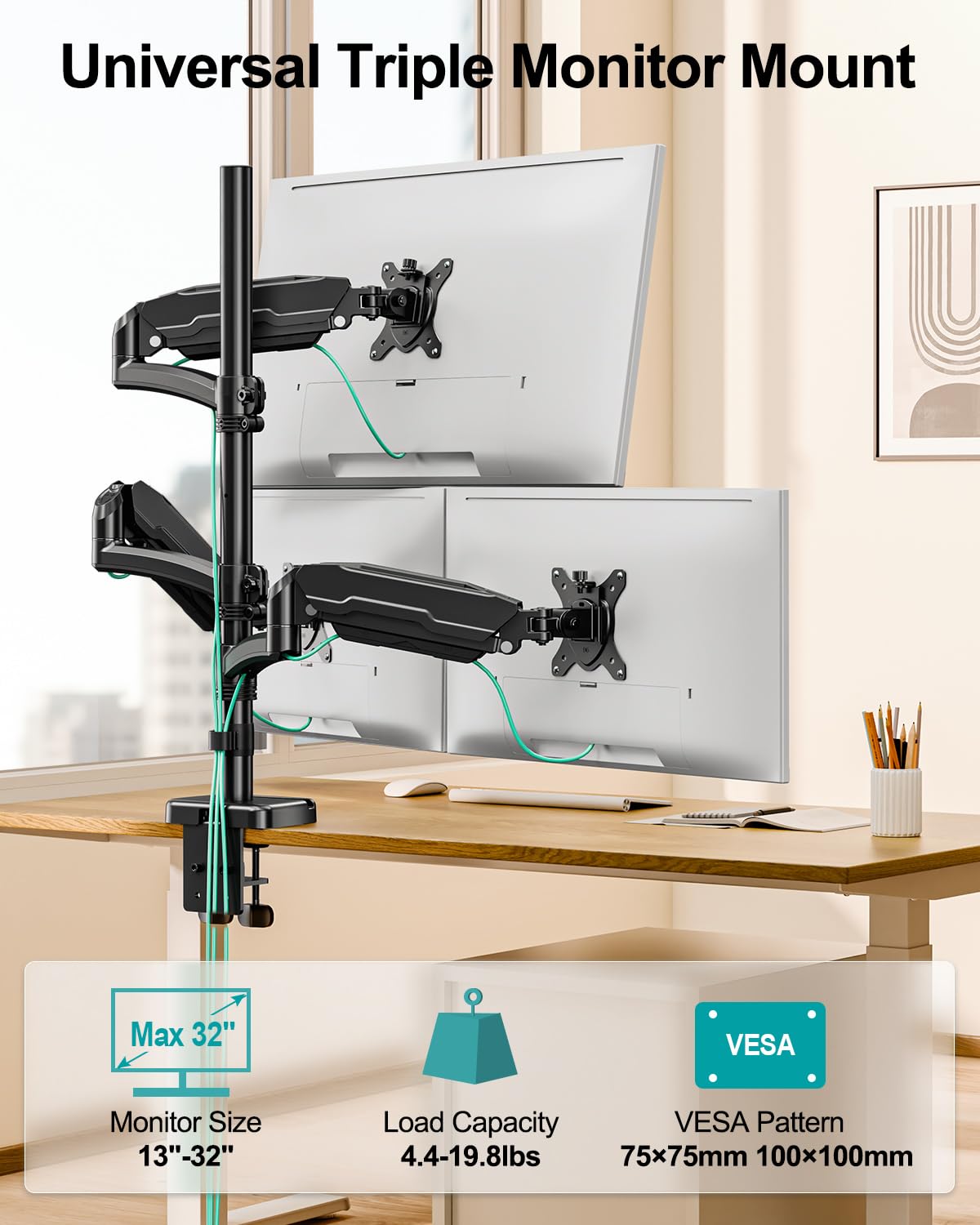 MOUNT PRO Triple Monitor Mount for Max 32" Computer Screen, Adjustable 3 Monitor Desk Mount, up to 19.8lbs Each, Three Display Arm with Tilt Swivel Rotation, VESA Mount 75x75/100x100mm