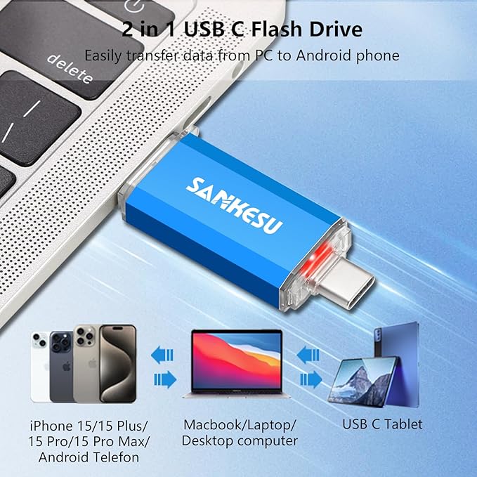 3.0 USB C Flash Drive 512GB, USB-A & Type-C OTG Thumb Stick, Dual Memory Sticks Compatible with PC/Laptop/Type C Cell Phone and Tablet (Blue)