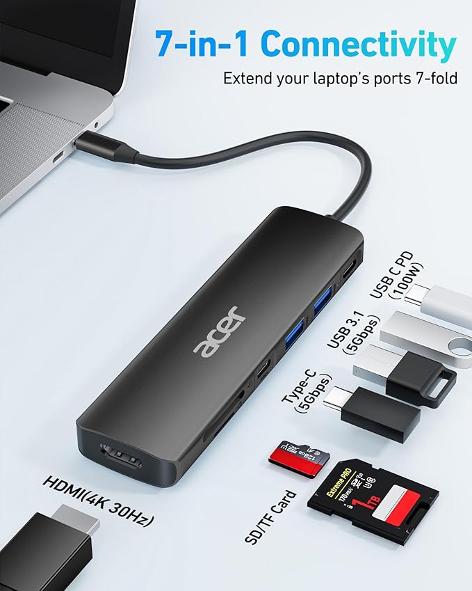 Acer USB C Hub, 7 in 1 USB C to HDMI Dock, 2 USB 3.1 GEN1 and 5Gbps Type-C Data Port, 4K HDMI Port, PD 100W Charging, SD Card Reader, for iPad Pro MacBook Pro Acer Laptops and More (Black)