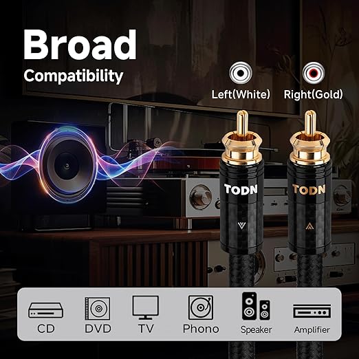 TODN HiFi RCA Cables Audiophile 2 RCA Male to Male Shielded Audio Cable for Home Stereo Systems, Premium Sliver-Plated O-C-C Core (6.5ft/2m, 1 Pair)