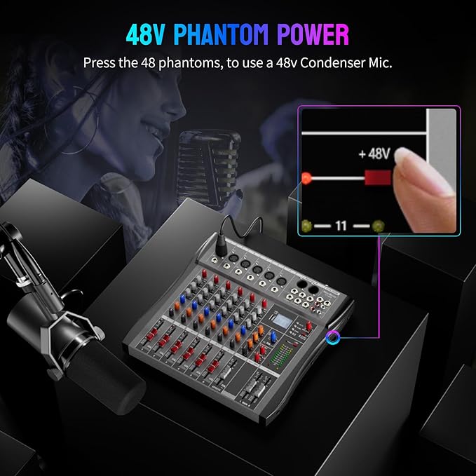 Professional DJ Audio Mixer - NEW BAXS 6 Channel DJ Bluetooth Controller Sound Mixer,USB Interface,6 XLR Mic/Line Input,AUX,FX Processor MP3 Player,+48V Phantom For Karaoke Studio Streaming Recording