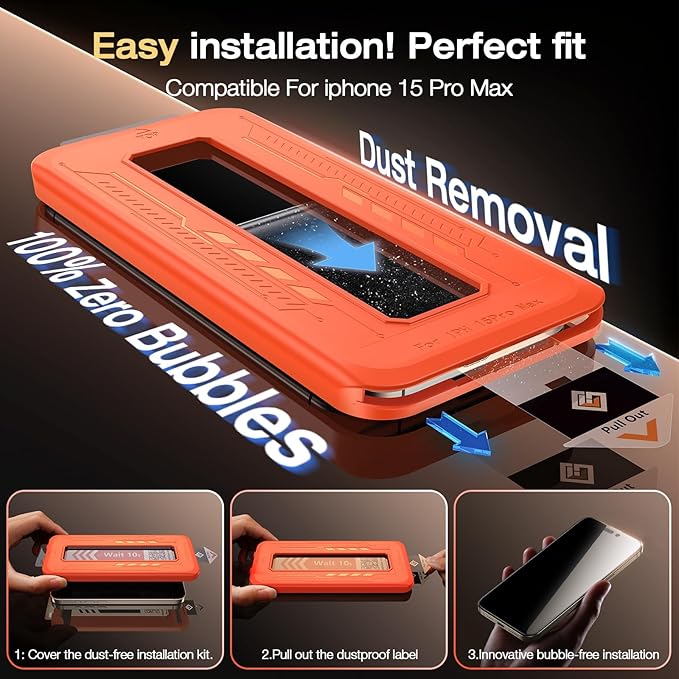 EGV 2 Pack for iPhone 15 Pro Max Privacy Screen Protector [6.7 Inch], 9H+ Military Grade Shatterproof Tempered Glass, Dust-Free Alignment Frame, Easy to Install for Beginners, Bubble-Free