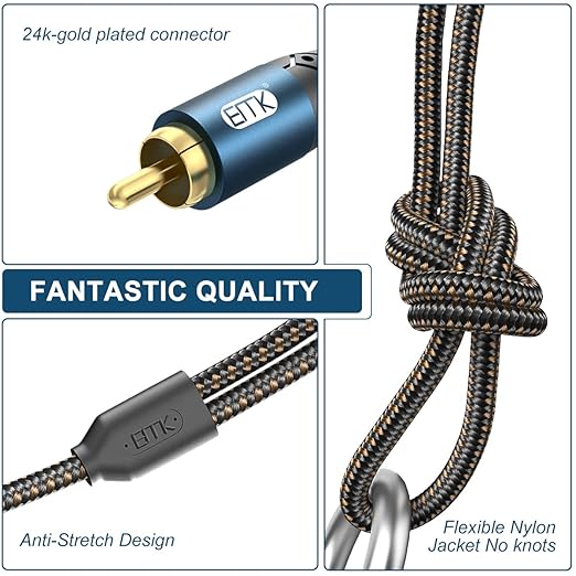 EMK 3.5mm to 2RCA Cable 24K Gold-Plated Nylon Braided RCA to Auxiliary Stereo Audio Headphone Male to Male 1/8 to RCA Cord for Tablet,Subwoofer,Home Theater,DVD Speaker,MP3/MP4,Player 6.6ft/2m