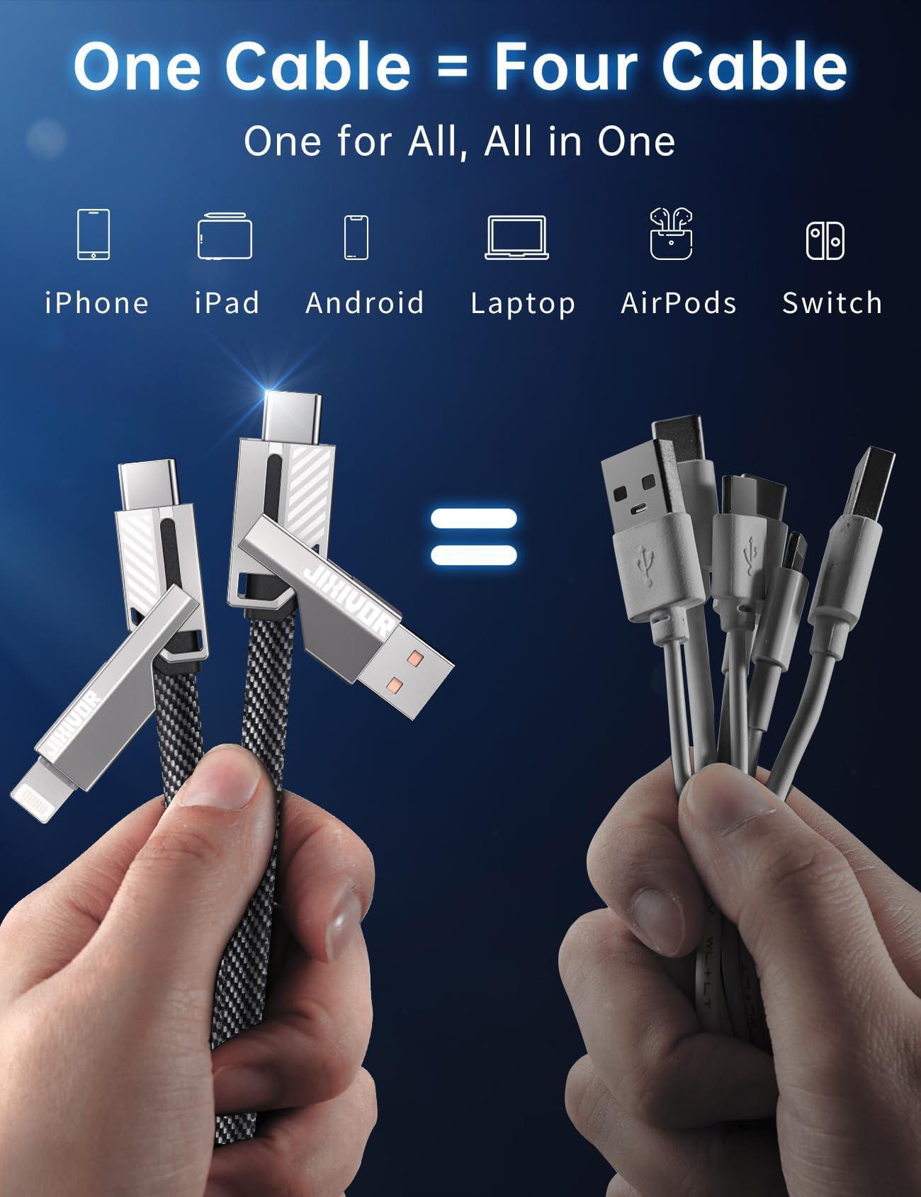 [One is Enough] 4-in-1 Compatible with USB C to Lightning Cable, 60W High-Speed Charging & Fast Data Transfer,CarPlay & Android Auto Support Multi Charger Cord Combo for iPhone/Samsung/iPad,5FT