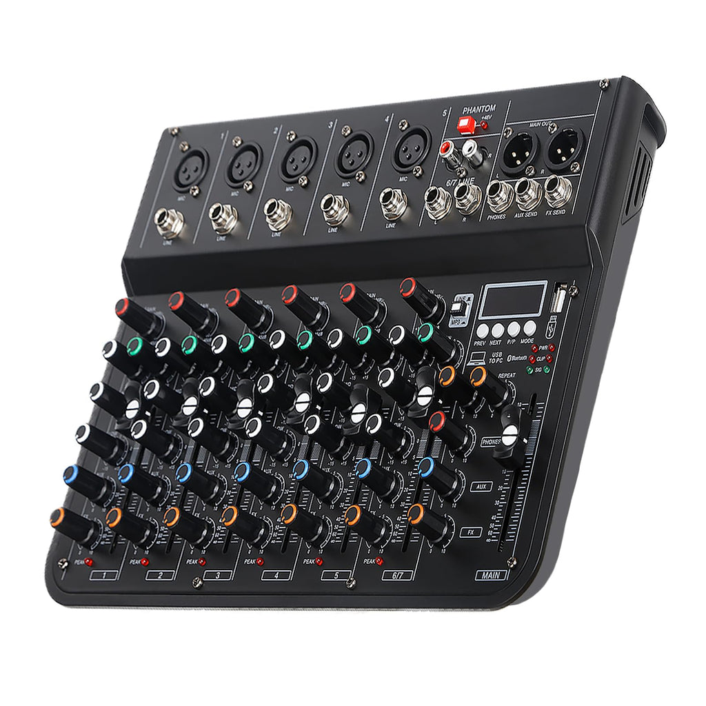 Jindaaudio 7 Channel mixer, DJ Mixer Board, Audio Sound Card with Interface Recording and 48V Phantom Power, Sounds Mixer Board with FX Reverb Delay Effect for Streaming