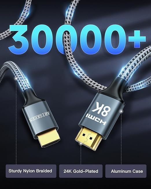 ARISKEEN 8K HDMI Cable 75FT, 48Gbps High Speed Fiber Optic HDMI 2.1 Cable, 8K 60Hz, 4K 120Hz Support for HDR 10, HDCP 2.2 2.3, Unidirectional Braided HDMI Cord Compatible with Laptop/HDTV - 75 Feet