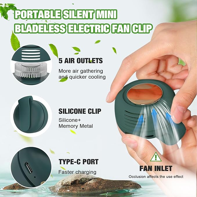 Portable Silent Mini Bladeless Fan Clip on, Portable Silent Mini Bladeless Electric Fan, For Outdoor & Travel & Office, Travel Accessories, Gift, Adjustable 3-Speed (Type-c, Green)