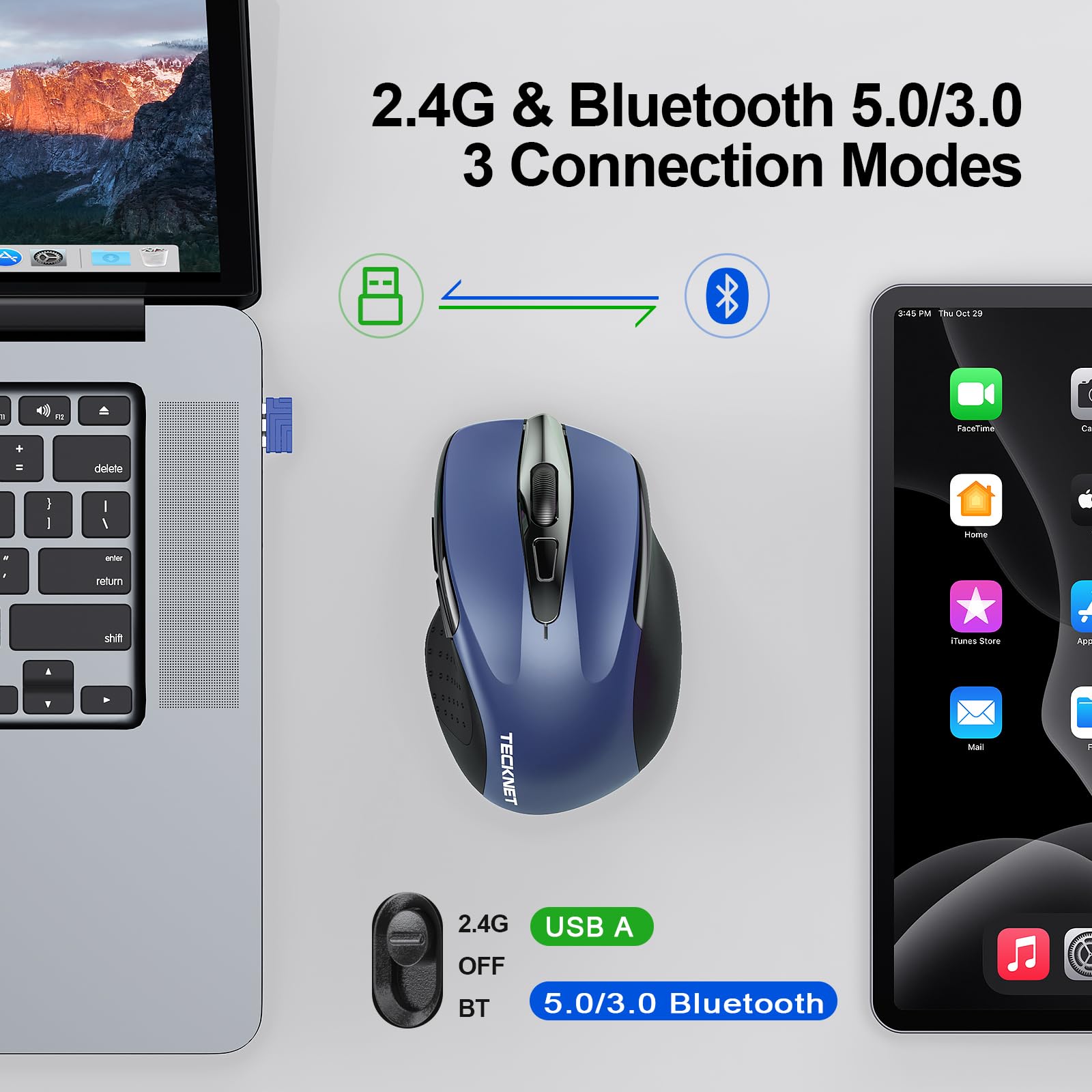 TECKNET Wireless Mouse, BT 5.0/2.4G, Rechargeable 6-DPI Silent, Blue