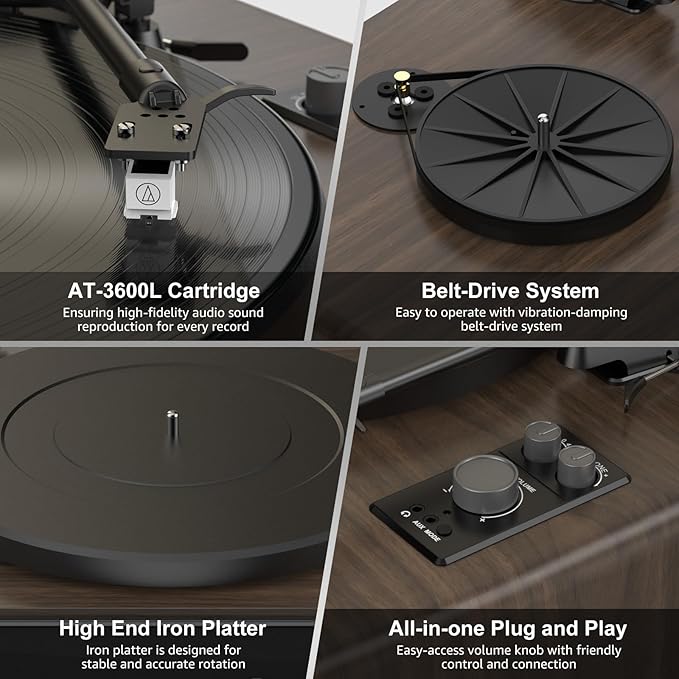 Vinyl Record Player Built in HiFi Stereo Speakers BT Wireless Input Belt Drive Iron Platter Turntables for Vinyls Records with MM Audio AT-3600L Cartridge Soft Warm Light Design Wooden Cream Brown