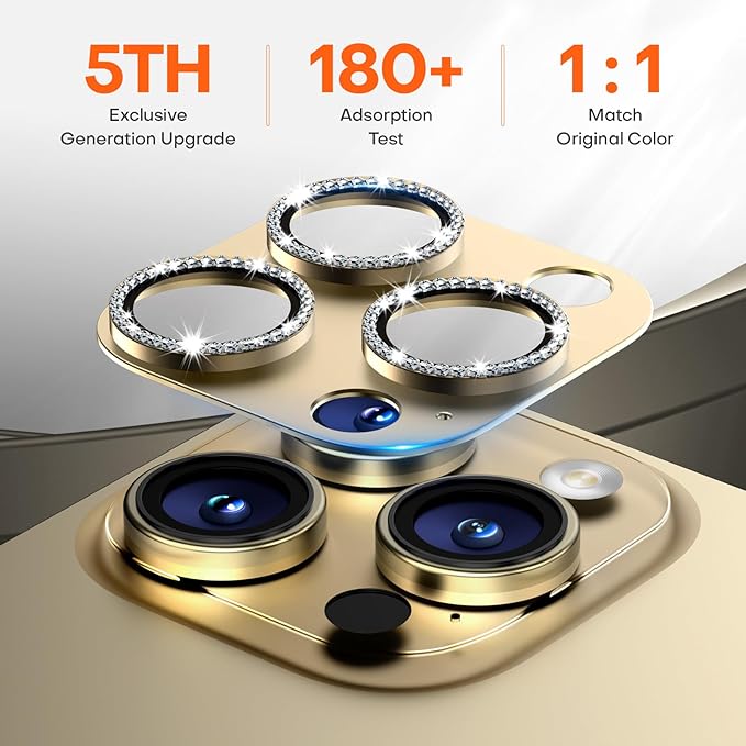 Camera Lens Protector for iPhone 16 Pro Max/16 Pro/iPhone 15 Pro Max/15 Pro/iPhone 14 Pro Max/14 Pro, Aluminum Alloy Sapphire Glass Camera Screen Cover, Case Friendly- Gold Diamond