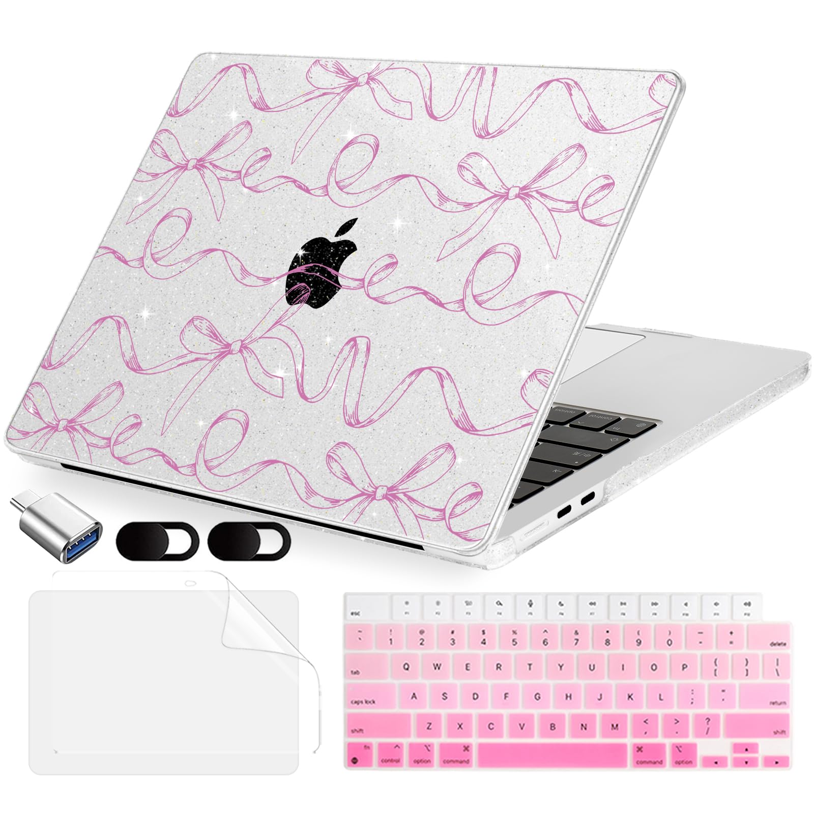 MecBevia Compatible with 2026 M5 MacBook Air 13 inch Case 2026 2025 2024-2022 M5 A3449 M4 A3240 M3 A3113 M2 A2681, Keyboard Cover, Screen Protector, Webcam Cover & Type-C OTG, Sparkly Bows