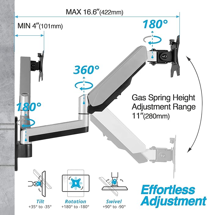 AVLT Dual Monitor Arm Wall Mount for 13-32" Screens, Full Motion - Silver