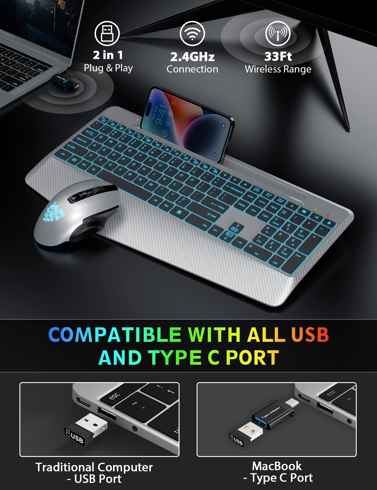 SABLUTE Wireless Keyboard and Mouse Combo, Backlit Scissor Keys, Wrist Rest
