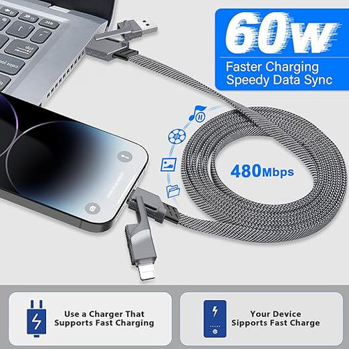 2Pack 4 in 1 USB C Cable for Lightning Cable [60W Fast Charging], 3FT Flat Braided USB C to USB C Charger Cord with L/Dual Type C/USB A Multi Port for iPhone 16 15 14 Pro Max/Samsung/i-Pad/Mac Book