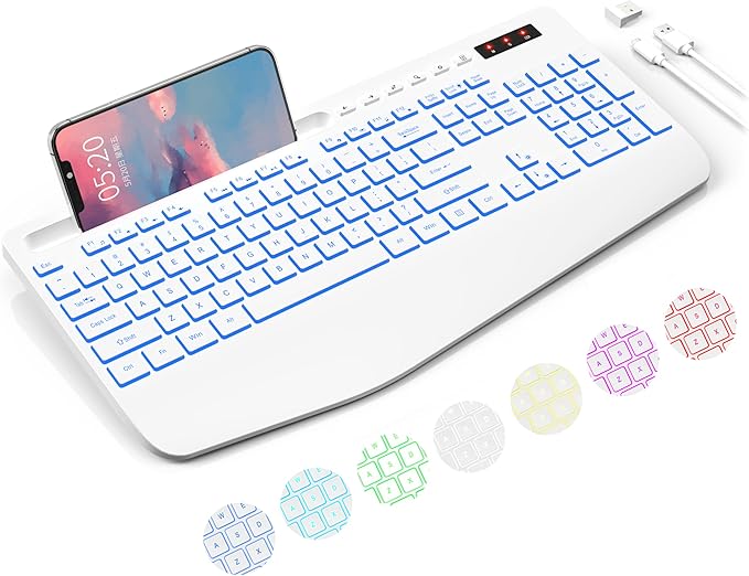 Trueque Wireless Keyboard with 7 Colored Backlits, Phone Holder, Wrist Rest, Rechargeable Ergonomic Keyboard with Silent Light Up Keys, Cordless Computer Keyboard for Windows, Mac, Laptop - (White)