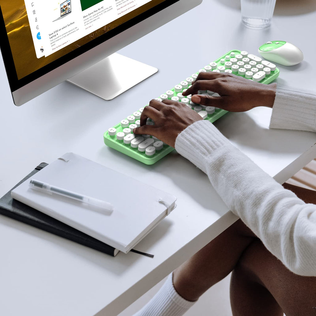 KNOWSQT Wireless Keyboard and Mouse Combo - White-Green Full-Sized 2.4 GHz 104 Keys Typewriter Keyboard, Flexible Round Keycap and Optical Mouse for Windows, Computer, PC, Laptop, Desktop, Mac
