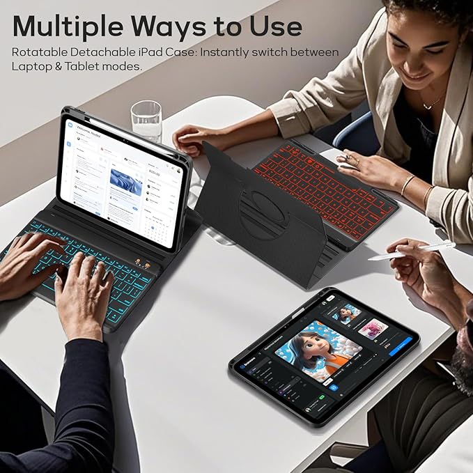 BLUTLOTUS for iPad 11th (A16) 10th Generation Case with Keyboard (2025/2022) - 360° Rotatable Magnetic Folio Cover, 7 Color Backlit Detachable Keyboard with Pencil Holder (Black)