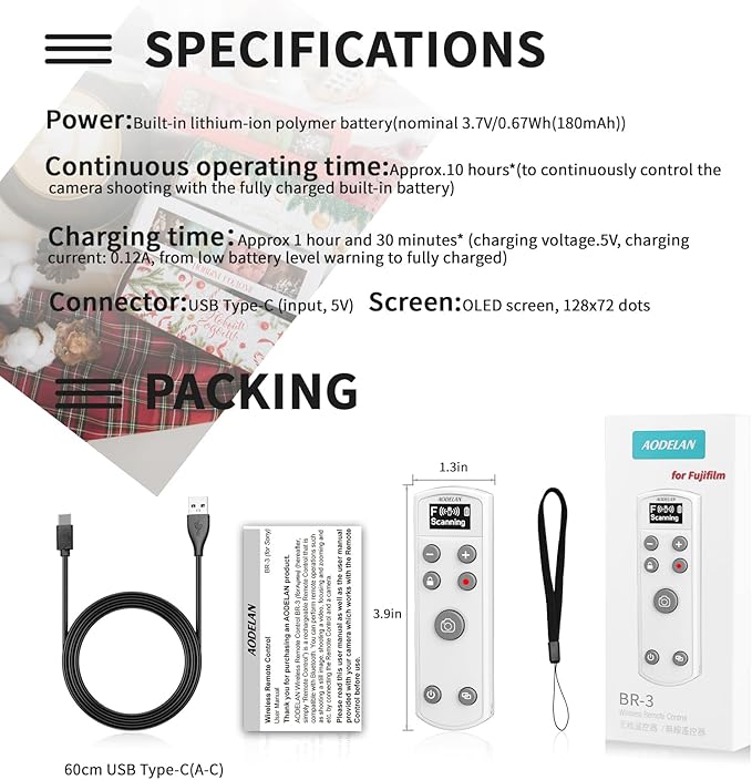 Remote Control for Fujifilm Camera,USB-C Rechargeable Wireless Shutter Release with OLED Screen for Fujifilm Fuji X100VI,X-T5,X-T4,X-T3,X-T50,X-T30II, X-T30,X-S20,X-S10,X-H2S,X-H2,X-E5 (White)