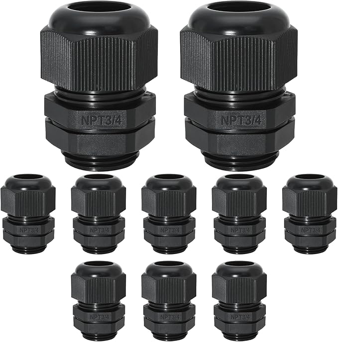 20 Pcs 3/4" NPT Nylon Cable Glands, IP68 Waterproof Adjustable Cord Grip Cable Connector Strain Relief Wire Protectors for 13-18mm Cable Diameter, Black
