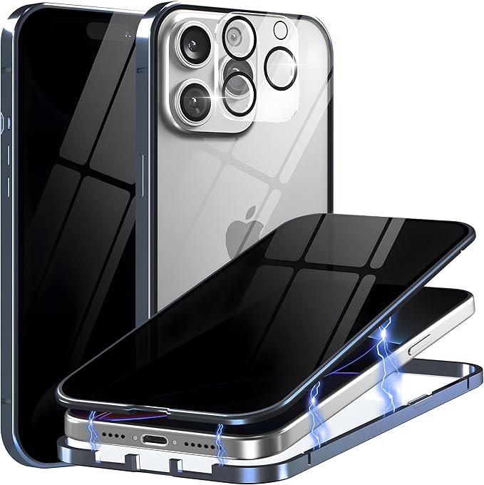 Privacy Magnetic Case for iPhone 16 Plus with Metal Titanium Frame Privacy Screen Protector & Camera Lens Protector, Magnetic Adsorption Double Sided Glass Case Anti Peep Anti Spy Phone Cover